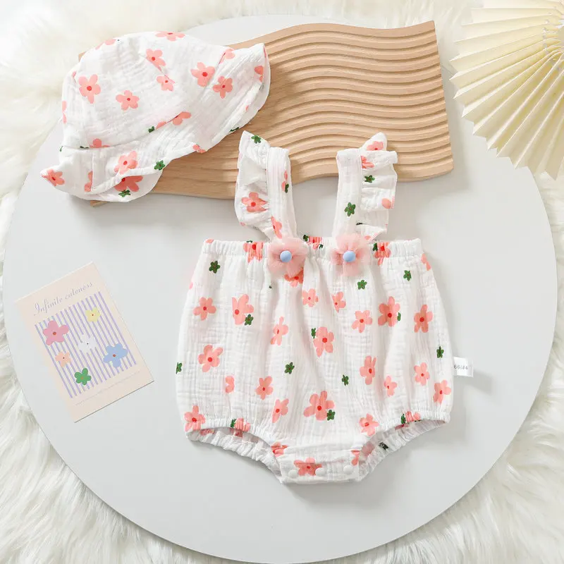 الوليد حبال الأزهار بذلة وقبعة الرضع الشاش القطن الدانتيل Princes رومبير 0-24 شهر طفل الفتيات ملابس الصيف #4