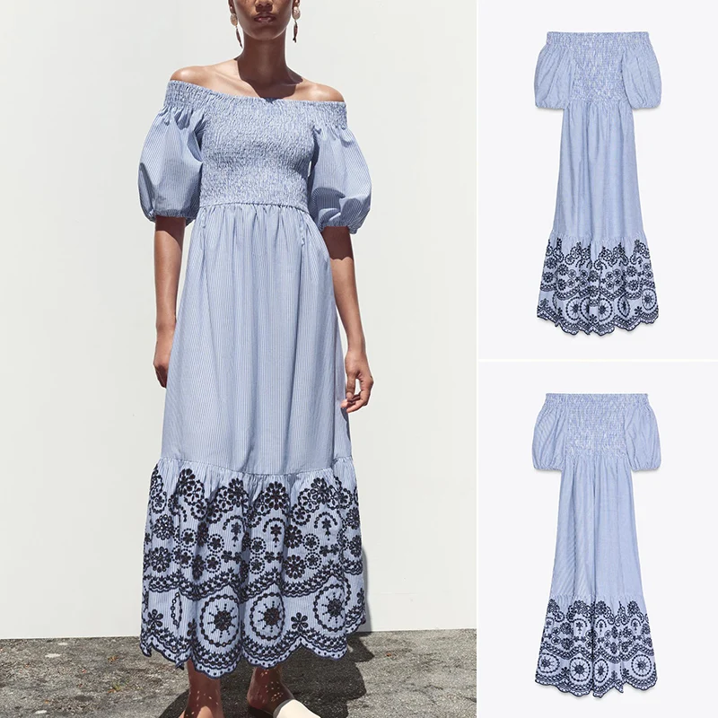 Letnia damska sukienka midi z wzorem uli pszczelich, elastycznym sznurkiem, haftowanymi paskami, odkrytymi ramionami, prostym kołnierzykiem i bufiastymi rękawami.