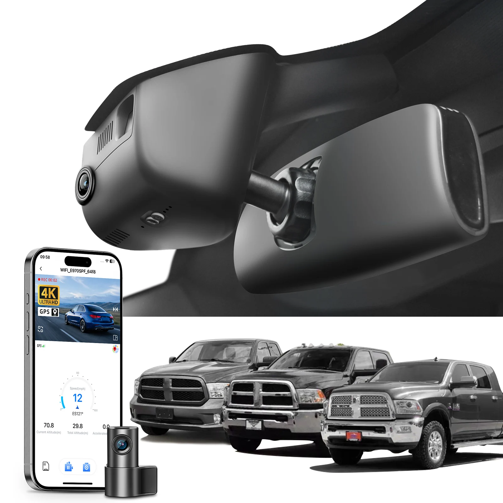 Câmera Veicular Mangoal 4K para Dodge RAM 1500 2500 3500 (Modelos A/B/C) 2013-2024 com GPS, WiFi e APP - Plug and Play