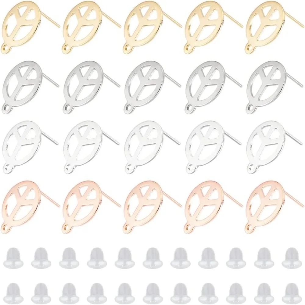 

40Pcs 4Colors Peace Sign Stud Earrings Stainless Steel Stud Earring Findings with 1.4mm Loops Small Round Earrings Post for DIY