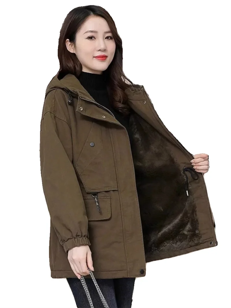 Women Windbreaker Parkas Overcoat Women's 2025 New Autumn Winter Fleece Jacket Loose Hooded Warm Zipper Female Basic Coat