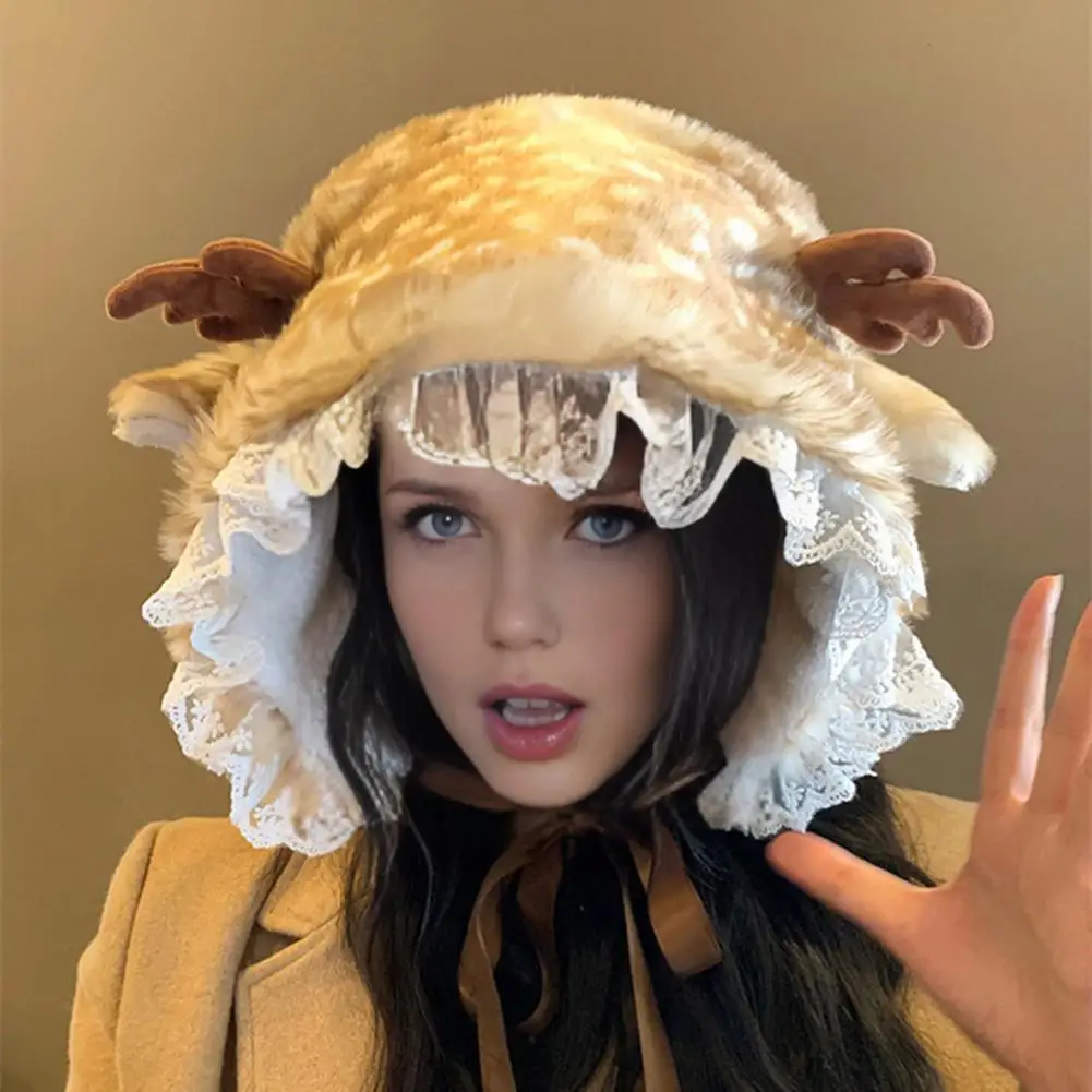Adjustable Strap Winter Hat Women Winter Hat with Ear Cups Deer Design Winter Hat with Plush Ears Furry Print Leg for Women