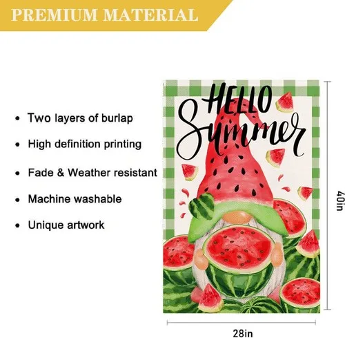 Hello Summer Watermelon House Flag 28 x 40 Inch Summer Gnome Decorative Doubl... ZZY