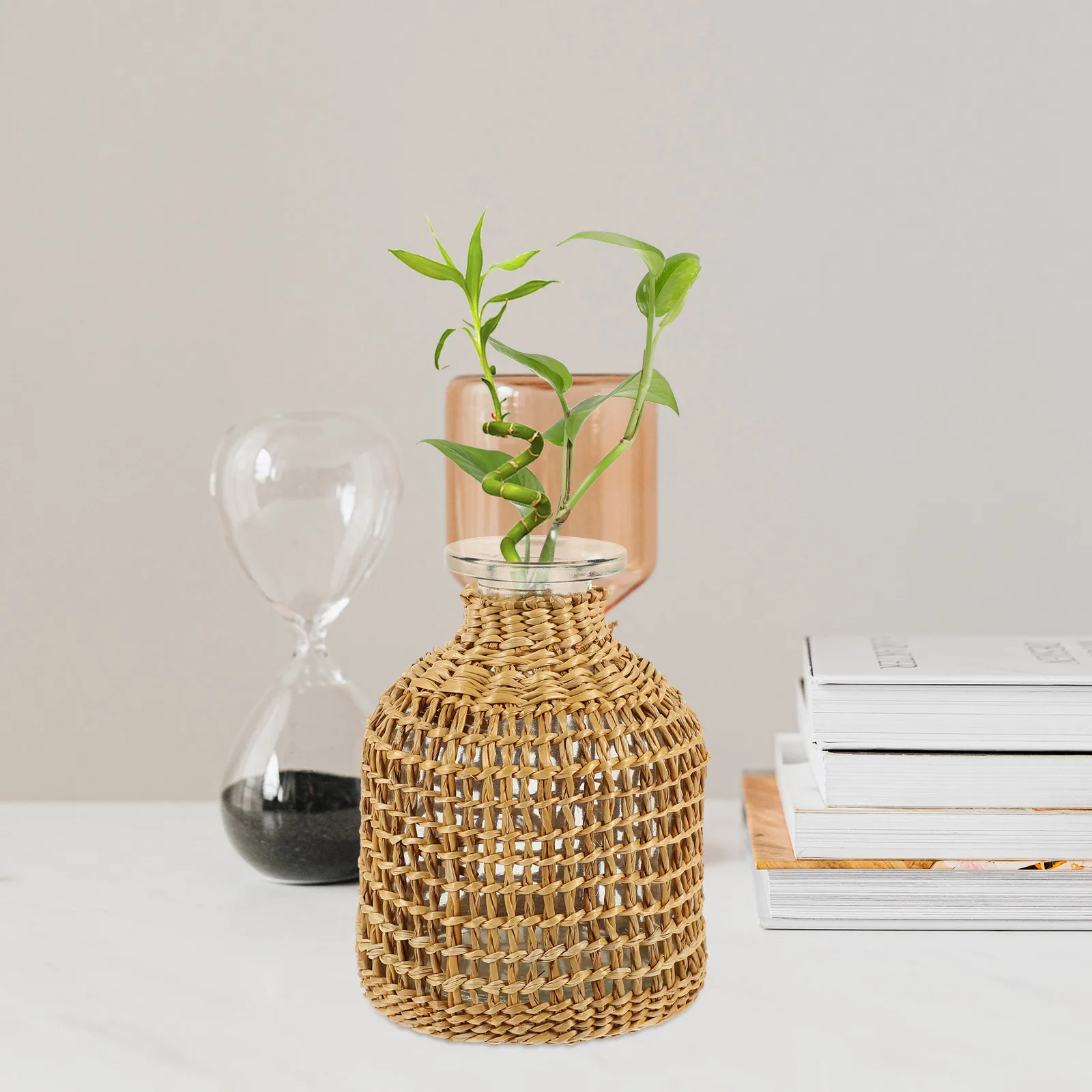 

Woven Rattan Vase Glass Flower Pot Rustic Rope Net Design Decorative Office Home Dried Flower Arrangement Vase