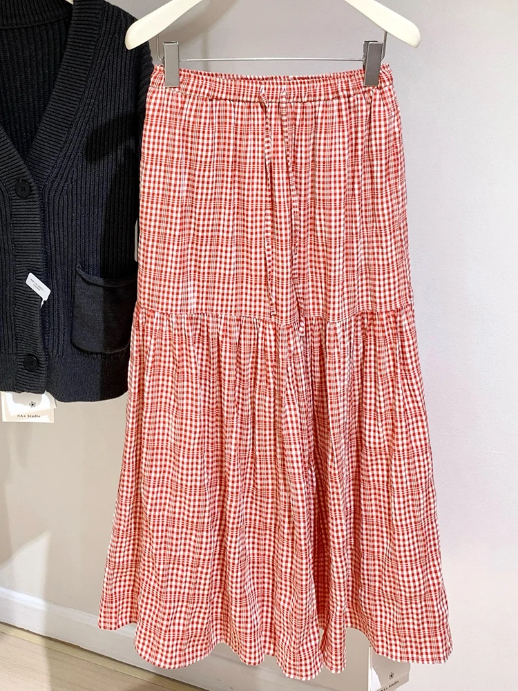 

New Harajuku Y2K Casual Women Red Checkered Skirt Spring Japanese Fashion High Waisted Women's Ruffled Women's A-Line Skirt