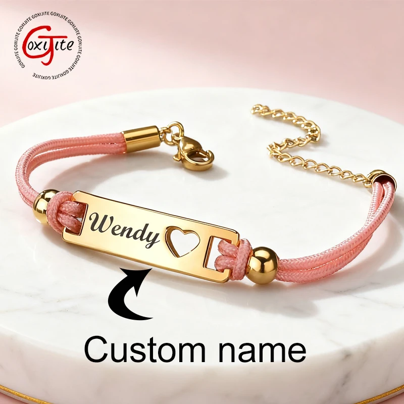 Goxijite Engrave Name Pattern Bracelet For Kids Baby Stainless Steel Carving Letter Rope Bracelets Commemorative Jewelry Gift