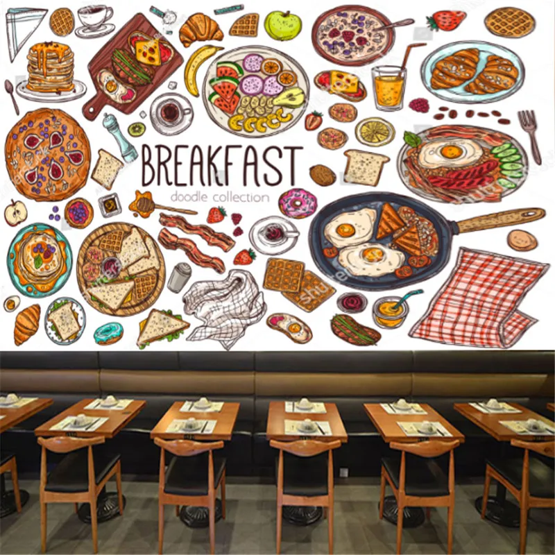 Morning breakfast Wallpaper Industrial Decor dishes Pancakes in plate doughnut doodles pack Juice glass coffee Mural Wall Papers