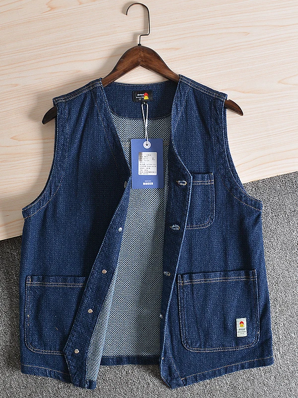 

Мужской джинсовый жилет Amekajie: Новинка лета, свободный крой, повседневный стиль, универсальный, с V-образным вырезом, в американском стиле, с множеством карманов