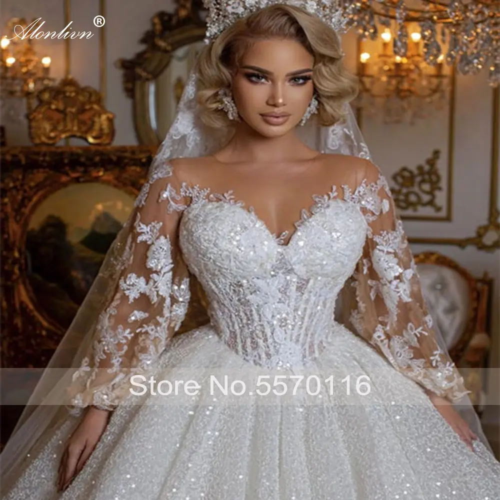 Alonlivn-Robe de mariée à manches bouffantes avec jupe Bling, magnifique robe de mariée avec décolleté en V, patients de princesse Bling