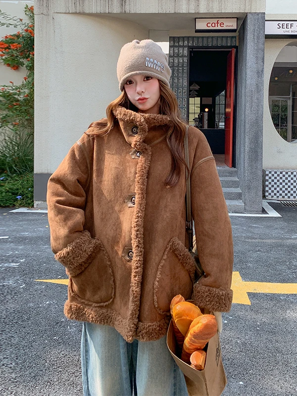 Casaco Feminino de Pele de Cordeiro Ort, Reversível, Quente, Casual, Ajuste Solto com Capuz para Outono e Inverno
