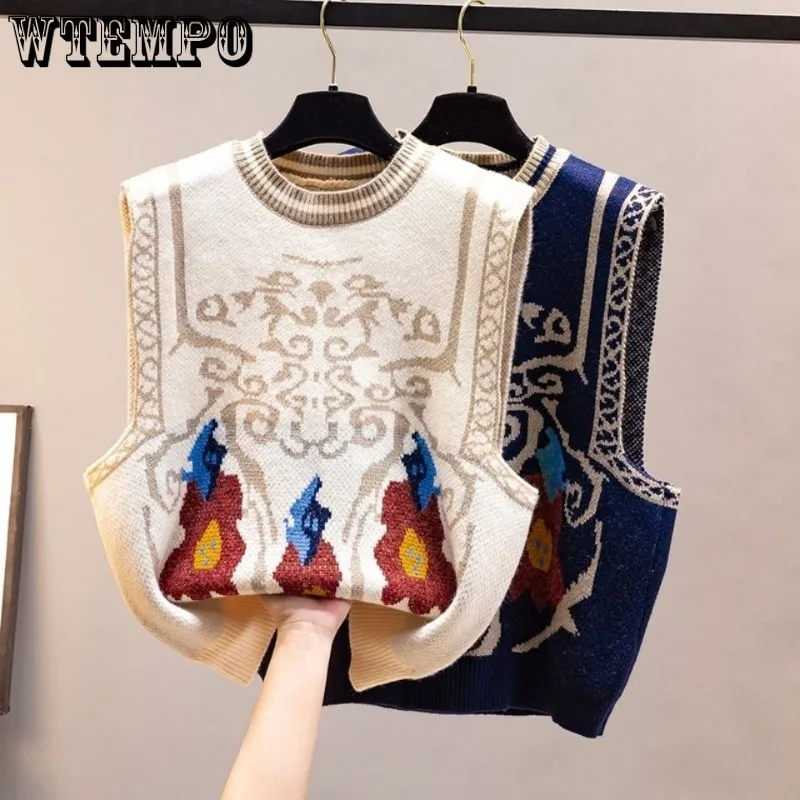 WTEMPO Women Vintage Totem Flower Pattern Sleeveless Knitted Vest Sweater Female Retro National Style Casual Autumn WaistCoat