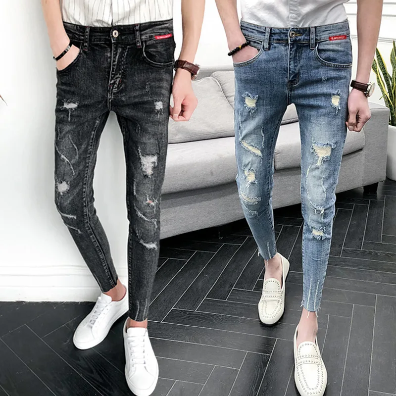 Spring Autumn 2022 Teenagers Skinny Jeans Men's Trousers Korean Slim Ripped Hole Pants Thin Versatile Tight Pencil Pants