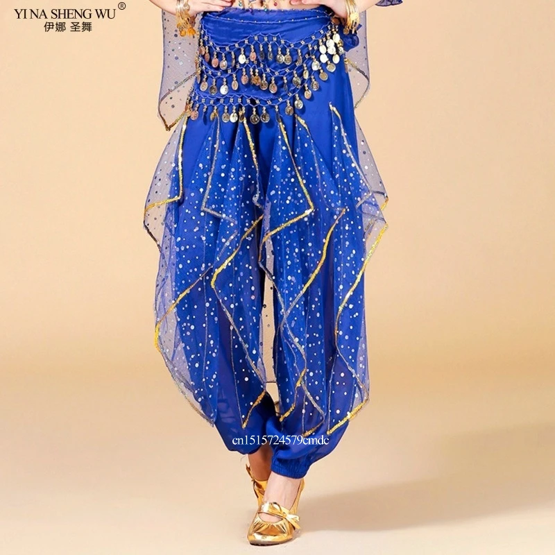 Damskie spodnie do tańca brzucha Bollywood Oriental Indian Dance Practice Costume Chiffon Trousers Gold Trim Rotating Pants