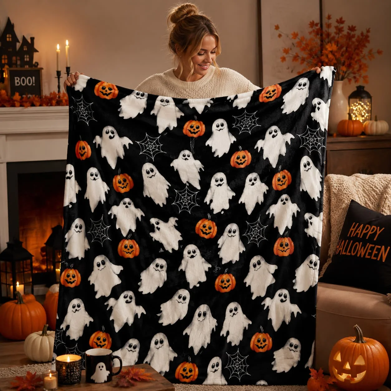 Halloween Cute Fleece Throw Blanket, Jack-O-Lanterns, Ghosts & Webs, 50x70
