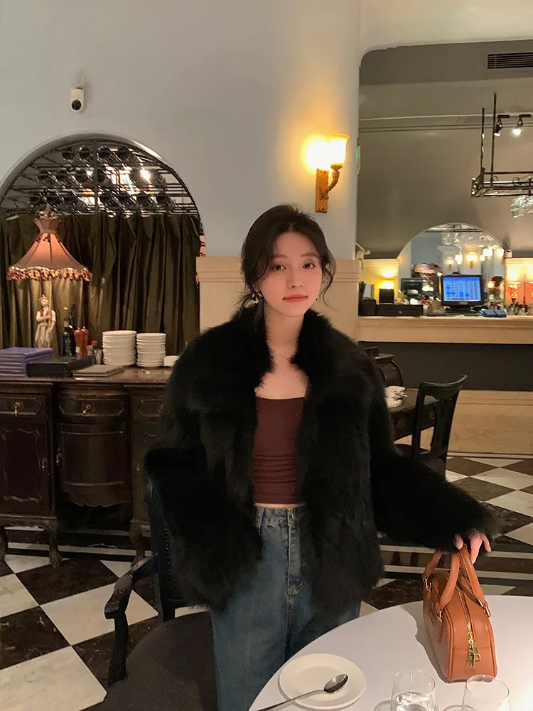 Women Faux Fox Fur Coats Solid Short Jackets Long Sleeves Turn Down Collar Open Stitch Loose Elegant Casual 2026 Autumn Winter