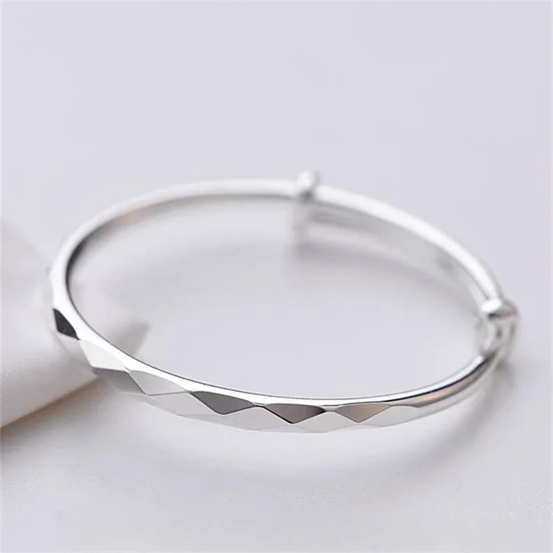 Elegant S999 Fine Silver Multi Faceted Rhombus Bangle For Her Adjustable Solid Silver Bracelet Daily Accessory