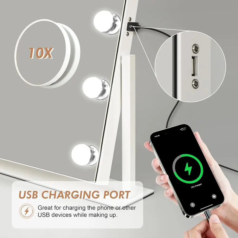 22 LED-beleuchteter Schminkspiegel, 3 Modi, 10-fache Lupe, 360 °   Rotation, Touch-Steuerung, Weiß