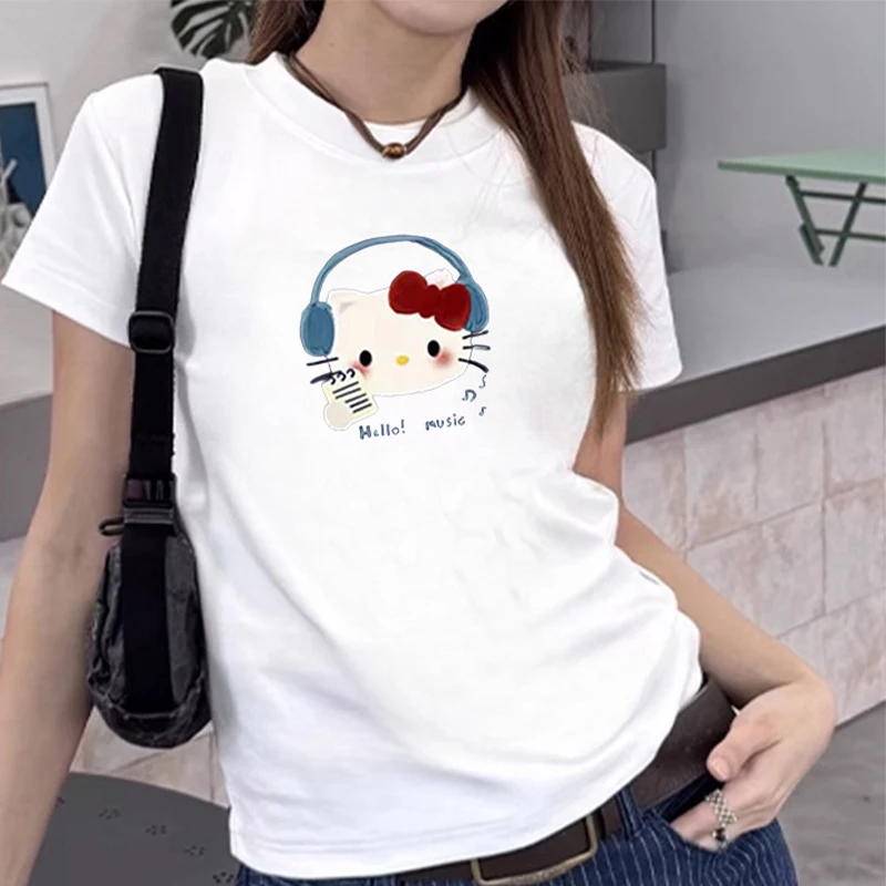 Cute Hello Kitty T Shirt Women Round Neck Short Sleeve Soft Cotton Cute Cartoon Print Y2K Casual Slim Basic Summer Tee Tops view 5