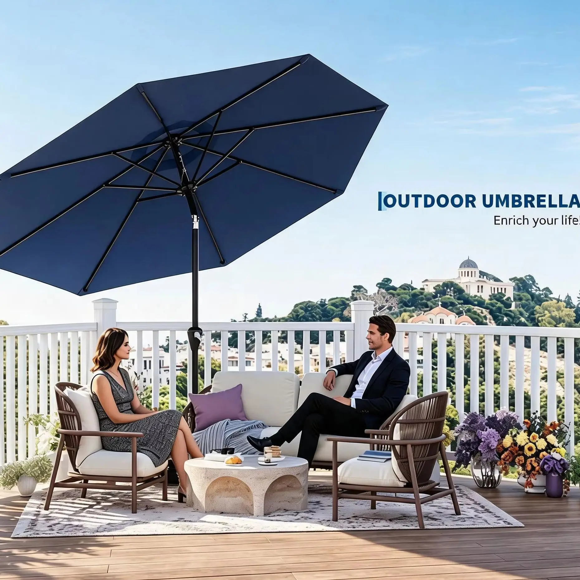 10FT Outdoor Patio Umbrella, Table Umbrella with Crank & Push Button Tilt, 8 Strong Ribs, Water Resistant & UV Protection for Garden Pool Deck Backyard Market (Navy Blue)