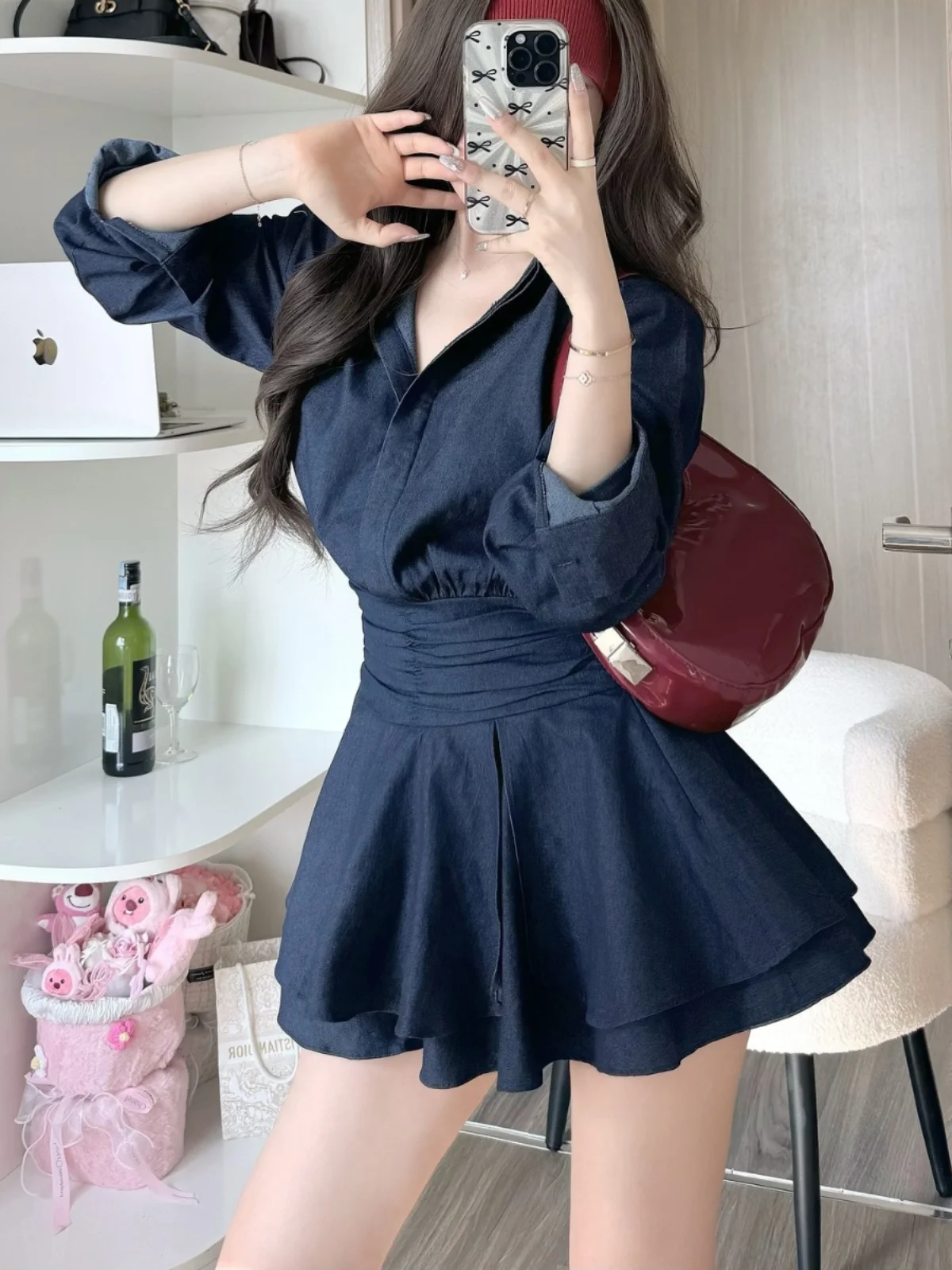 

Ele Korean Sle Long Sve irt Dr Women's High Waist A-Line Skirt Fro with Pleats Vintage Turn-down Collar