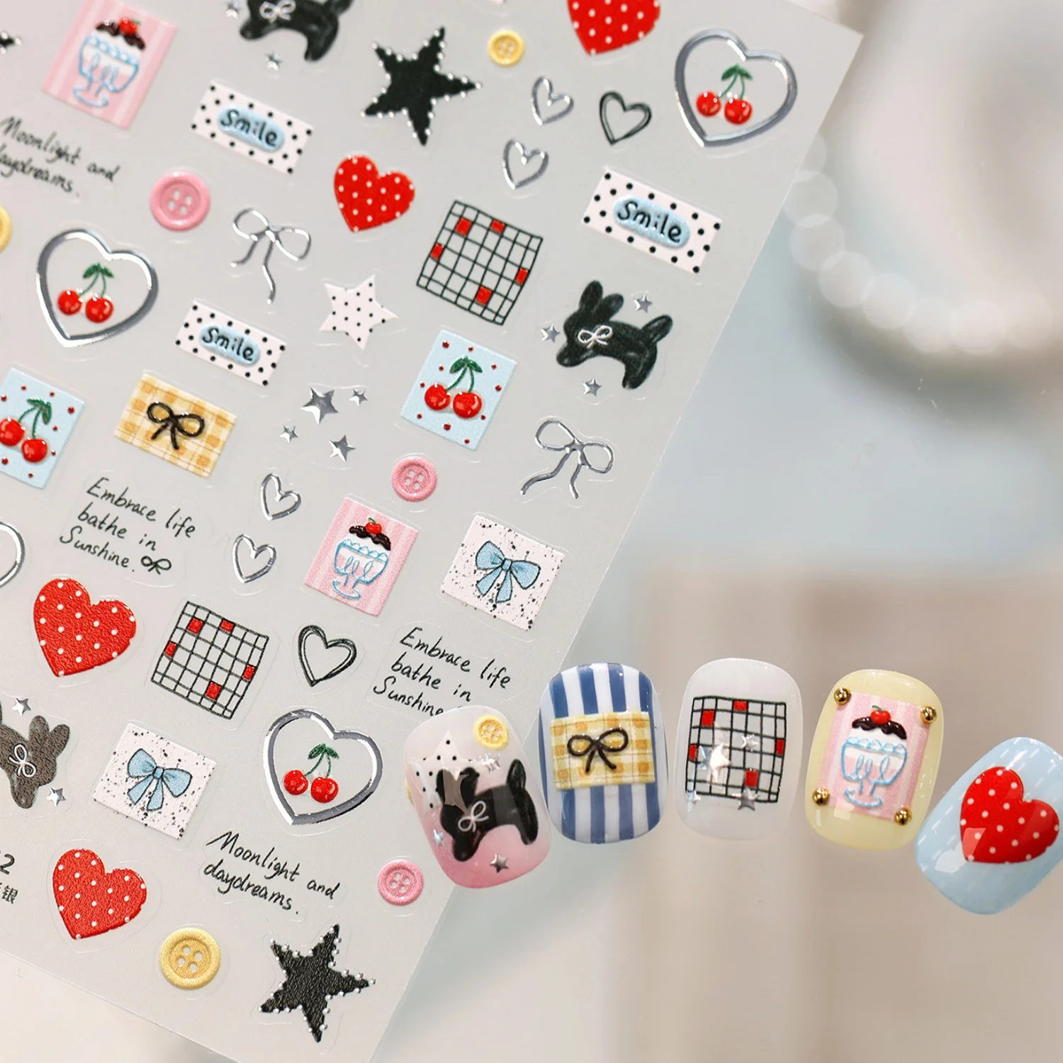 5D Red Polka Dot Heart Cherry Dog Bow Star Plaid Square Button  Embossed Retro Nail Stickers Self Adhesive Nail Art Accessories