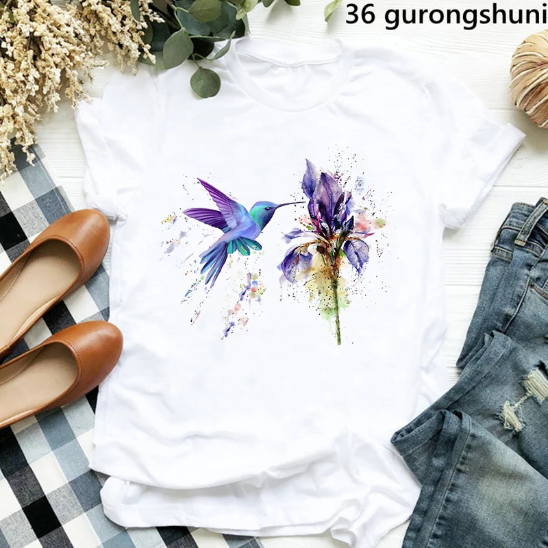 ใหม่สตรี Tshirt ตลก Hummingbird ดอกไม้สีน้ำสีม่วง Bird Graphic พิมพ์ T เสื้อแฟชั่นหญิง Harajuku สตรี Tops