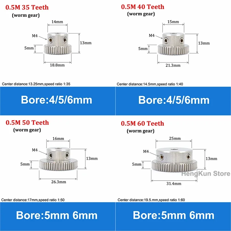 1pcs 0.5 Mod Stainless Steel Worm Gear Worm Rod Shaft 0.5M 20 25 30 35 40 50 60 Teeth Speed Ratio 1:20/25/30/35/40/50/60