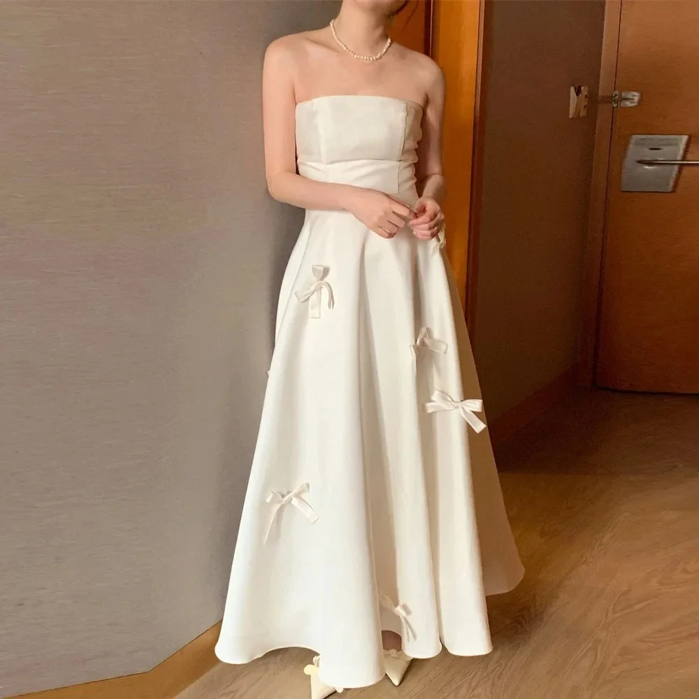 

Simple Black A Line Korea Wedding Photoshoot Dresses Strapless Bowknot Satin Bridal Gowns Formal Party Dress vestidos de noiva