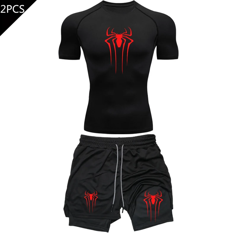 Men's Workout Compression Set Y2K Spider Printed Gym Tshirts Breathable Running Shorts Quick Dry Sports Rash Guard Sportwear Set image 2