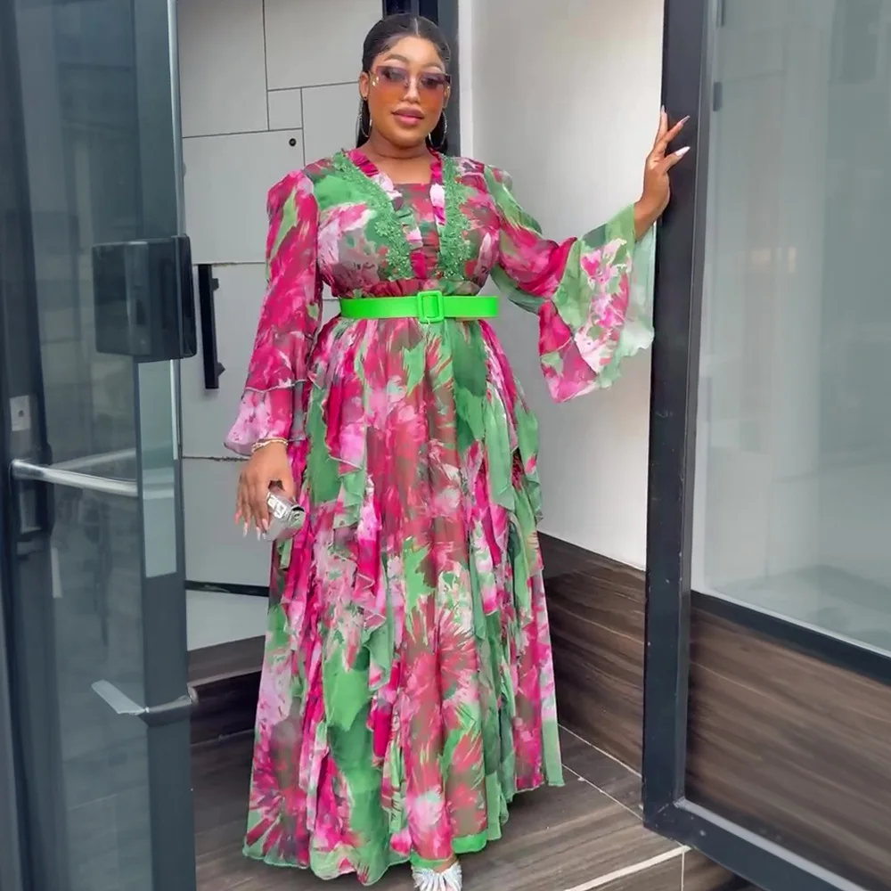 

Модная африканская женская одежда 2025 года, бутиковое платье макси с длинными расклешенными рукавами и принтом, элегантные повседневные платья с поясом