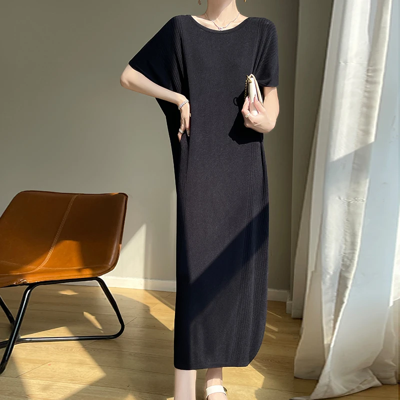여성용 라운드 넥 아이스 실크 원피스, 얇은 단색, 통기성, 패셔너블하고 루즈한 피팅, 반팔 원피스 포함, 여름