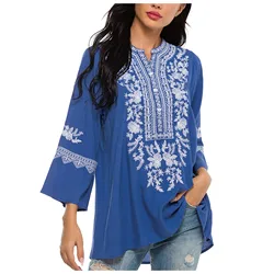 Traditional Mexican Embroidered Tops For Women Plus Size Vintage Floral Tunic Shirts Flowers Embroidery Dark Womens T Shirt