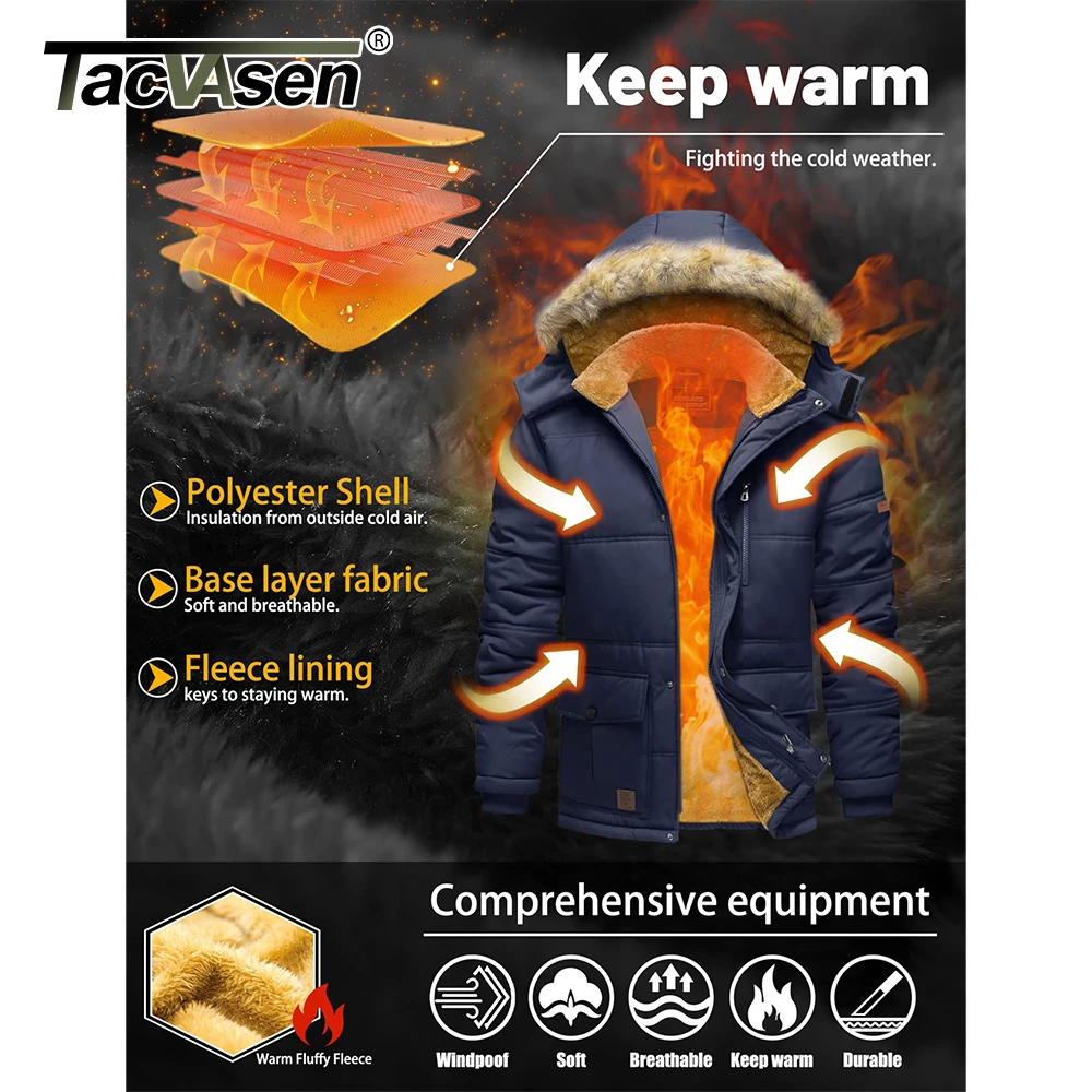 TACVASEN Men\'s Fleece Lined Parkas Jacket Thick Thermal Waterproof Outdoors Snow Working Camping Hooded Coats Zip Up Windproof