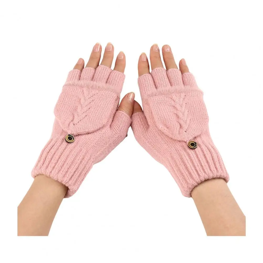 Winter Women Warm Gloves with Flip Finger Cap Thick Plush Windproof Anti-slip Half Fingers Student Writing Gloves Keep Warm