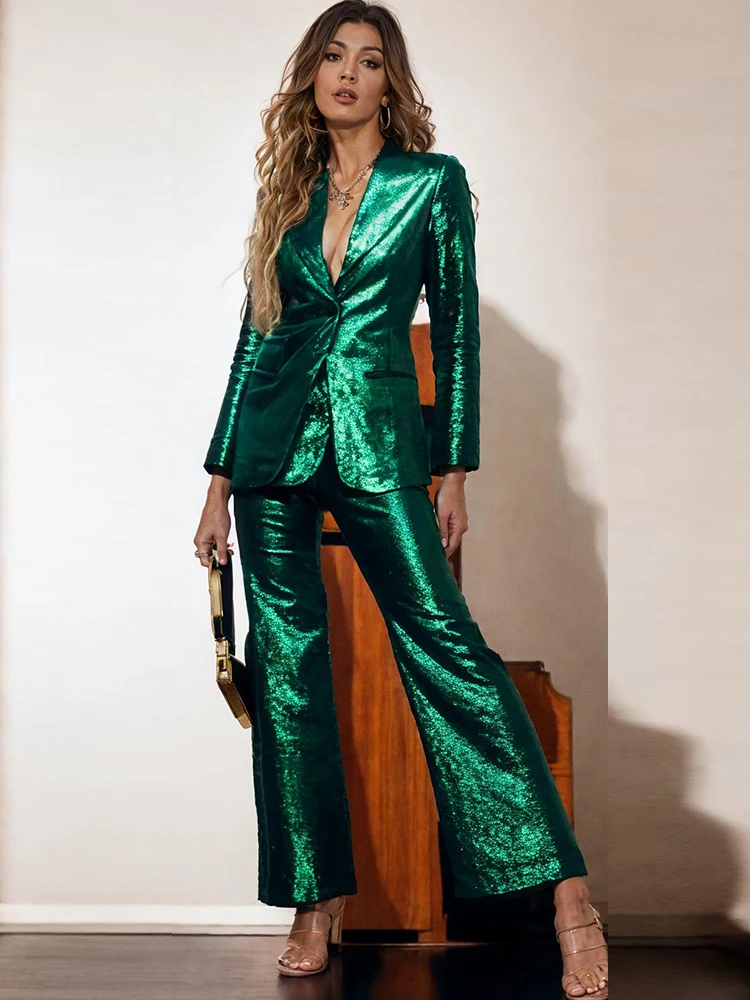 

Green Three Dimensional Blazer Pantsuits Performance Stage Classic Jacquard Embroidery Pattern Pants 2Piece Sets Elegant Women's