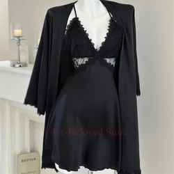 Black Nightdress Full Lace Slip Nightgown Women's Satin Homewear Sexy Spaghetti Strap&robe Set Loose Kimono Bathrobe Lingerie