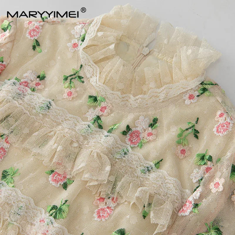 Imagem -05 - Maryyyimei-vestido Flare Manga Feminina Colarinho em pé Vestido de Malha Pliado Bordado Flor Cintura para Cima Longo Feriado Primavera Outono