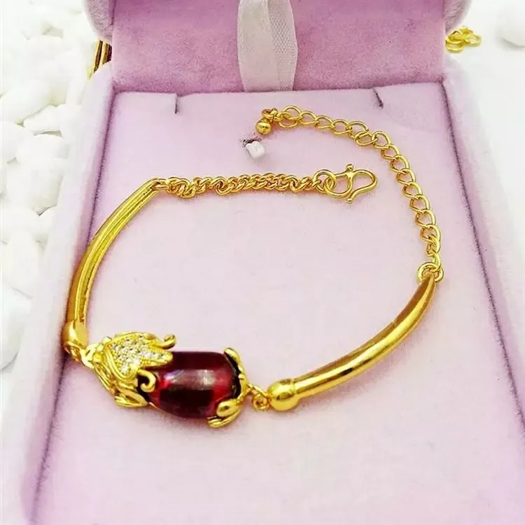 24 gold ruby Pixiu bracelet for women to attract wealth and luck, real gold 999 Pixiu necklace pendant 3-piece set