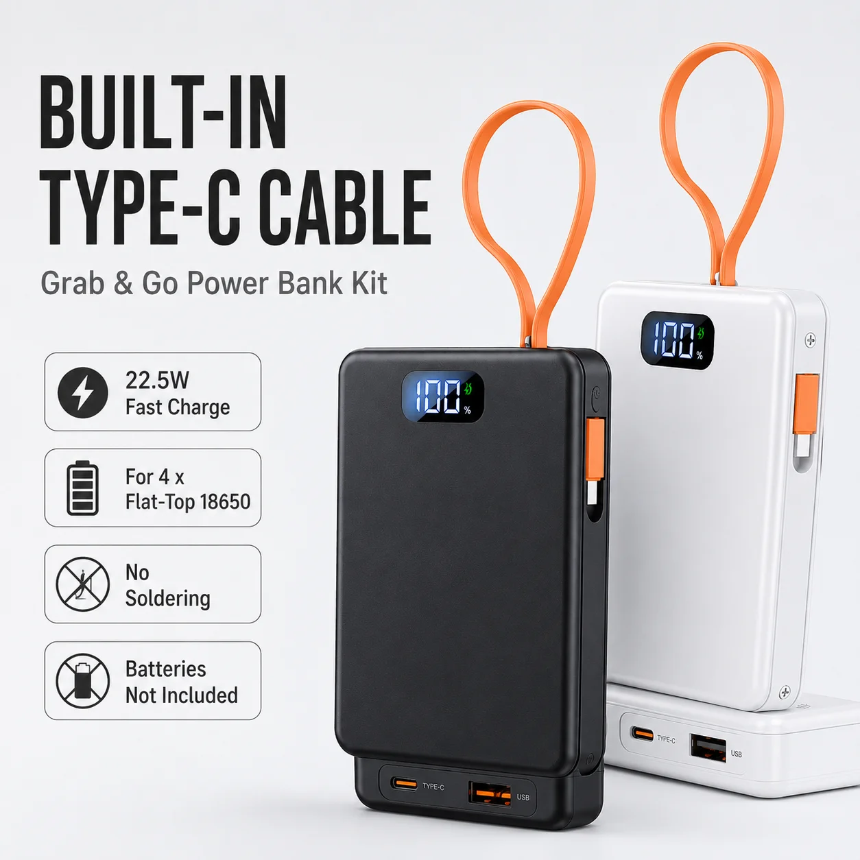 No Welding DIY Power Bank Kit for 4pcs 18650 Cells, 22.5W Quick Charge Case With Integrated Type-C Cable, Battery Excluded