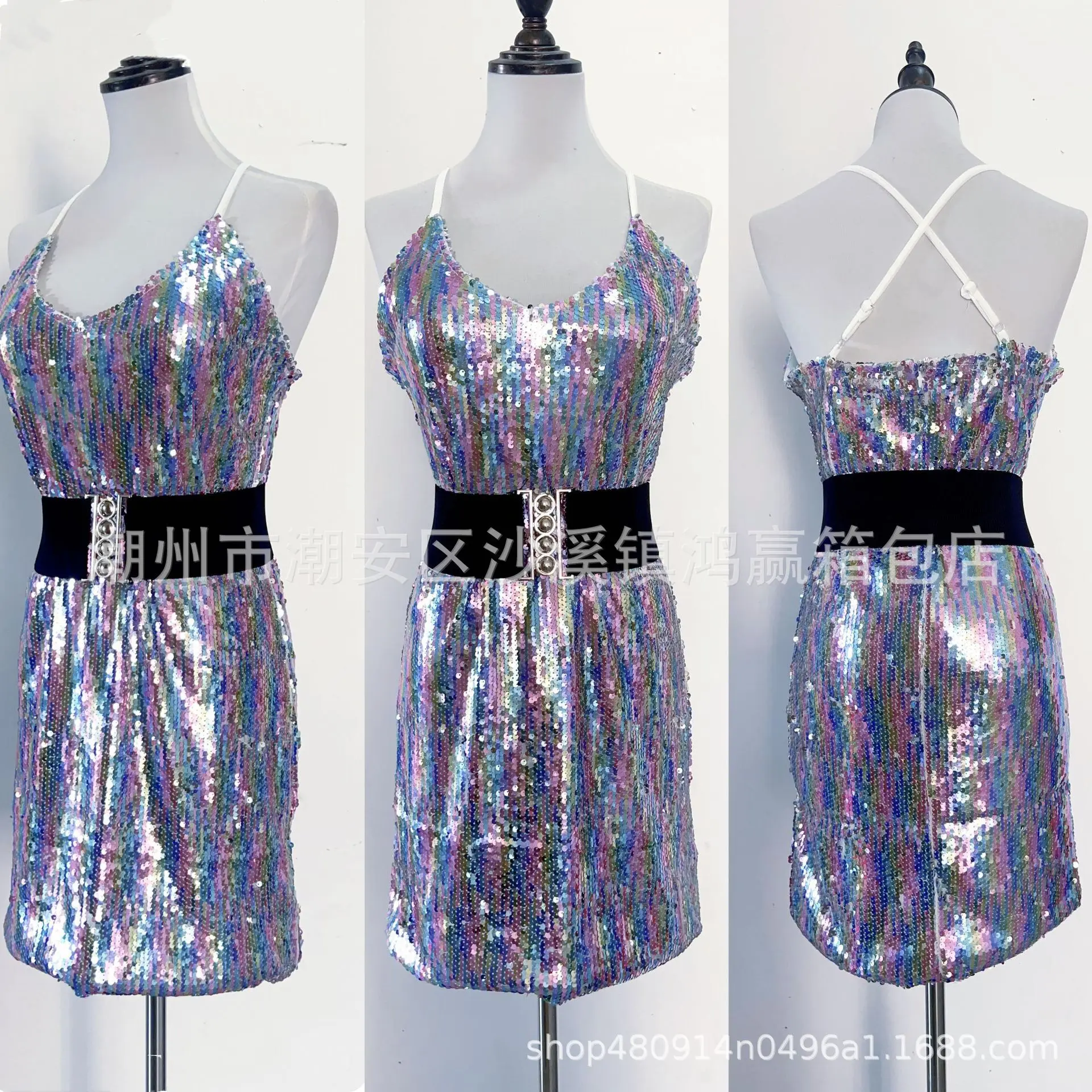 

New Fashion Versatile Luxurious Waist-Cinching Slimming Strap Dress Heavy Beaded Sequin Embroidered Strap Dress for Women