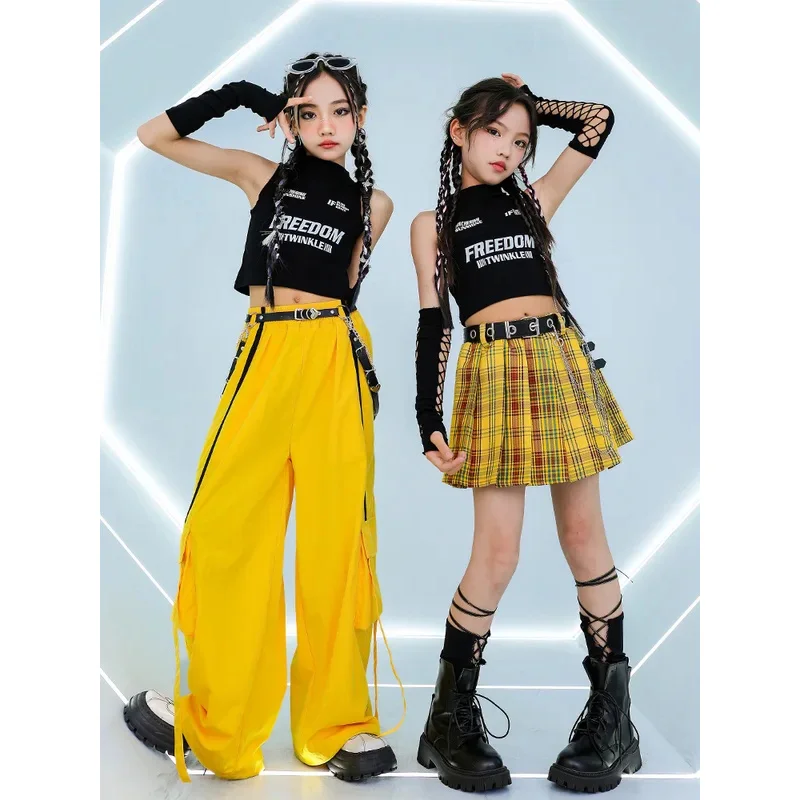 

Girls Street Dance Clothing Hip Hop Cool Vest Suit Yellow Pants Plaid Skirt Cheerleading Performance Costume Kpop Stage Outfits