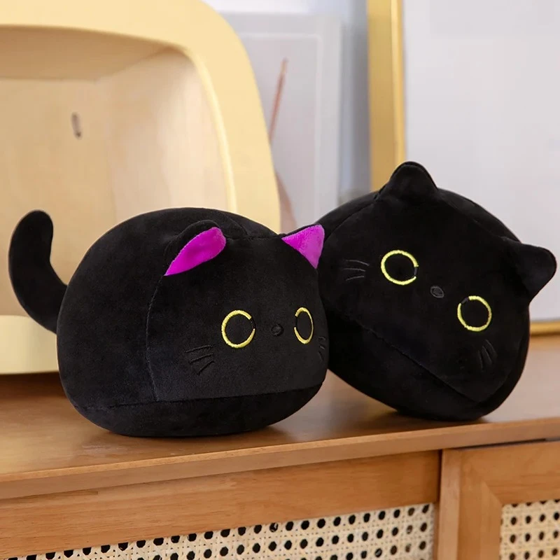 Classic Cute Black Cat Plush Doll Cartoon Little Cuddly Ins Black Cat Pendant Keychain Stuffed Round Ball Cat Bag Decor Kid Gift