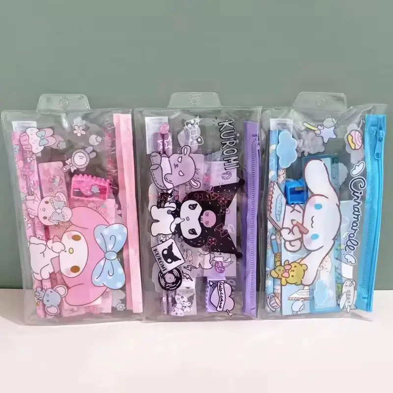 24pcs Cartoon Cute Sanrio Pencil Ruler Pencil Sharpener Notepad Eraser Stationery Set Zipper Bag Student Supplies Wholesale