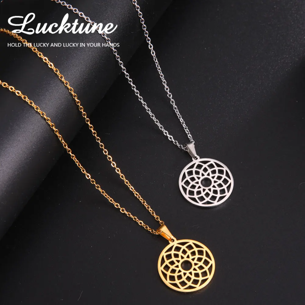 Lucktune Lotus Flower Pendant Necklace Stainless Steel Goth Gold Color Chain Necklace for Women Men Vintage Jewelry Couple Gift