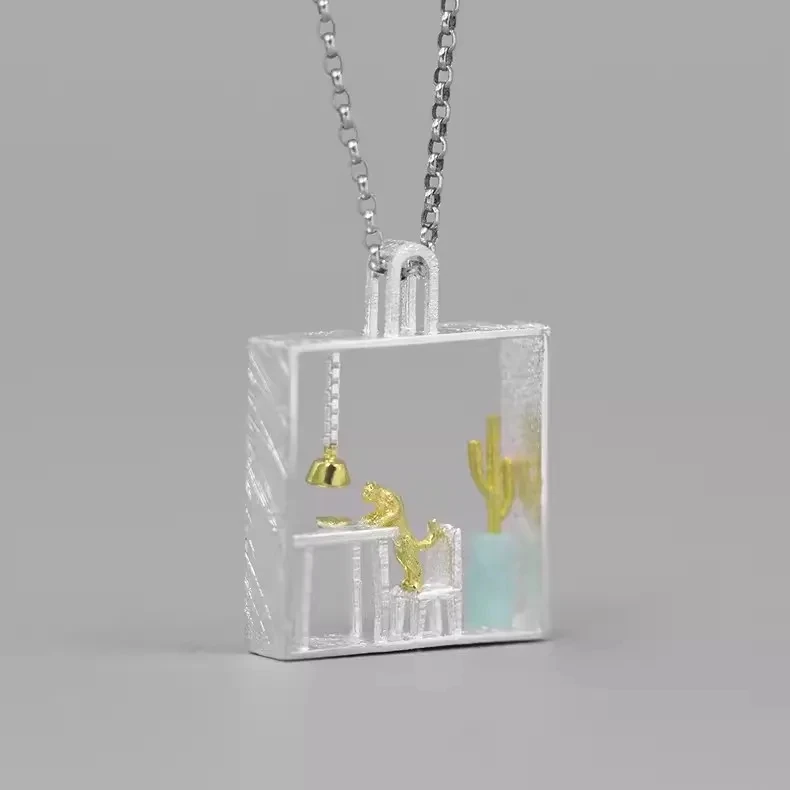 

The Cat At Home - Two-tone Frame Cat House Pendant Necklace Women's Luxury Unique Fashion Jewelry Necklace with Design Sense