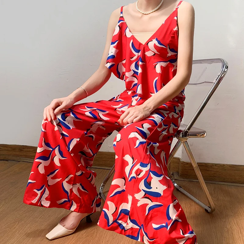 

Casual Vaion Single Drop Waist Slip Rer Wide Leg Pants Women's Spring Summer Floral Print High Waist Long Pants