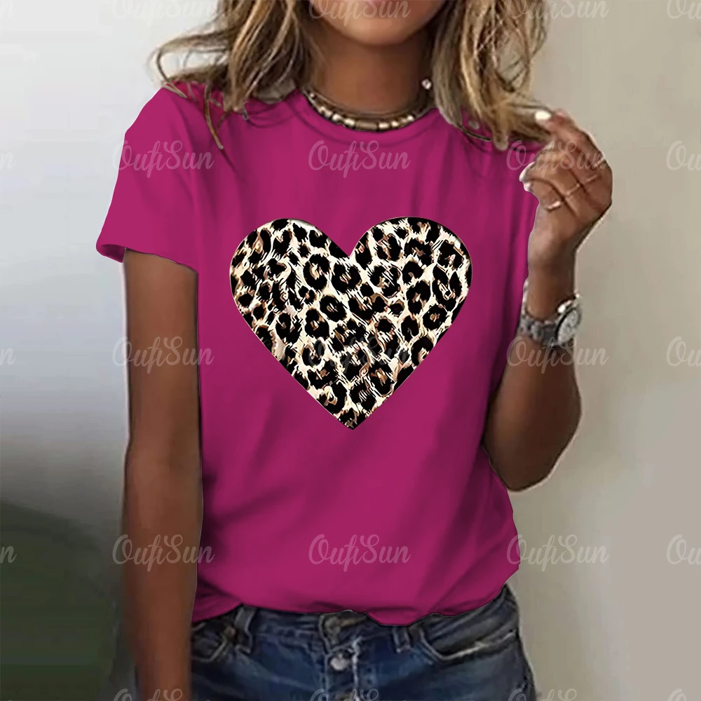 Camisetas con estampado de leopardo para mujer, ropa holgada informal de manga corta, corazón de amor con patrón de Jersey, Verano