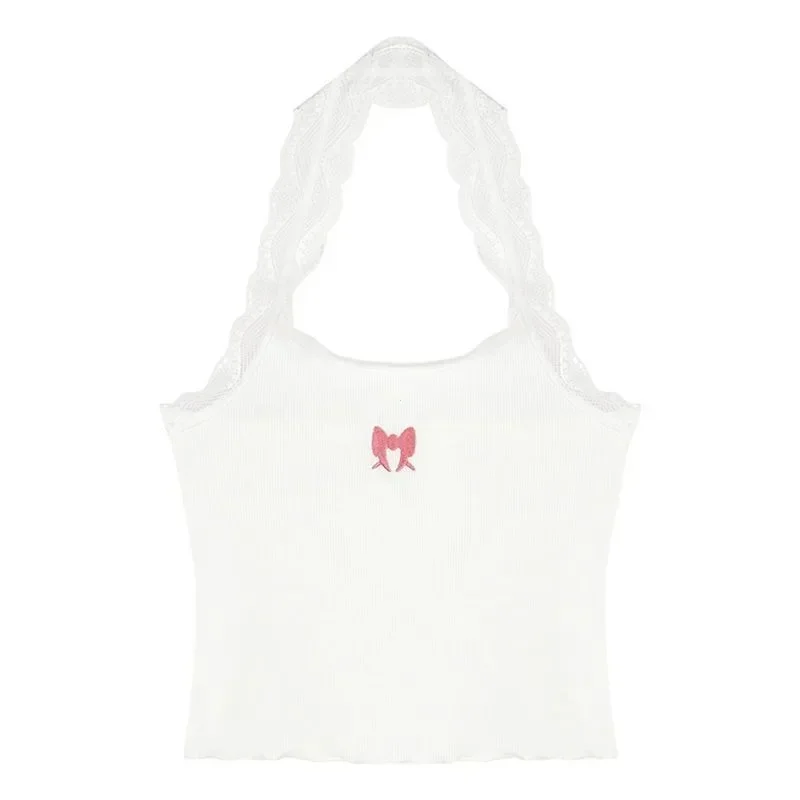 2025 Y2K 홀터탑 크롭탑 여성 레이스 자수 나비 그래픽 탱크탑 여성 섹시 조끼 여름 의류