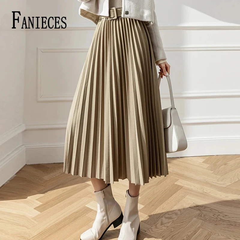 

FANIECES Pleated Umbrella Skirts With Belted Women Elegant Solid 15 Colors Autumn Winter Elastic High Waist Midi Skirt Faldas