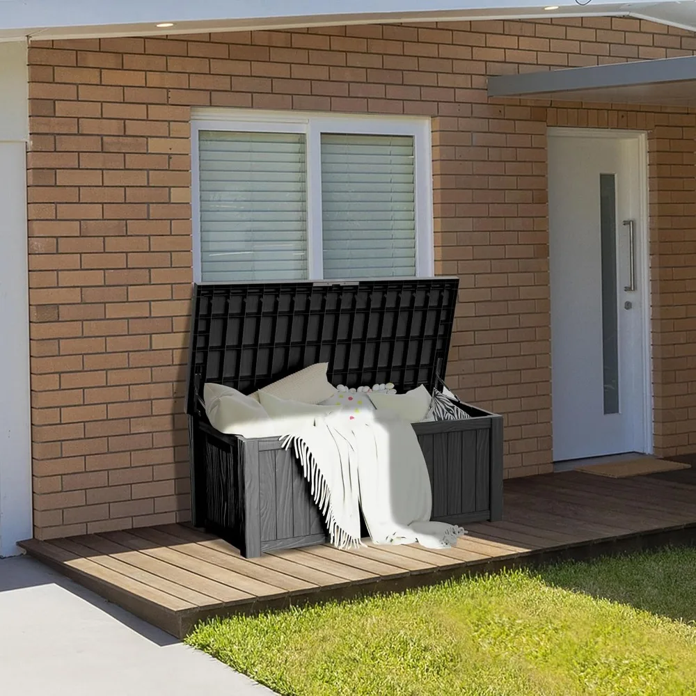 Kotak Penyimpanan Dek Luar Ruangan Tahan Air 150 Galon, Dapat Dikunci, untuk Bantal, Peralatan Kebun, dan Perlengkapan Kolam Renang